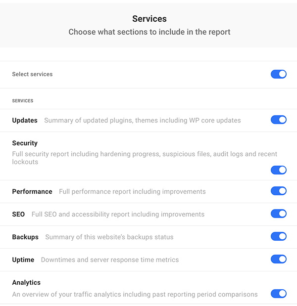 Where you select what services you want to include.