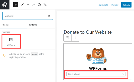 Creating a WPForms block and selecting your form from the dropdown list
