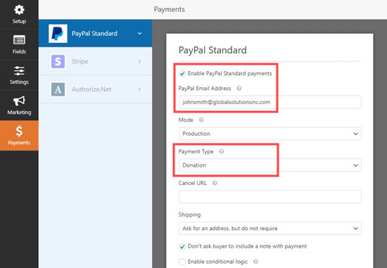 Enabling PayPal payments for your form in WPForms